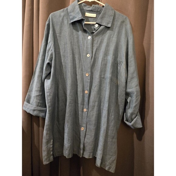 Bryn Walker Blue Linen Classic Collar Shirt, Oversized XL or XXL - Picture 4 of 8